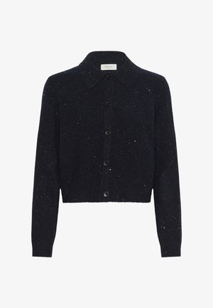 Navy wool cardigan with a collared neckline, button front, and speckled texture. Cropped length with long sleeves and ribbed cuffs.