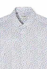 White men's fitted dress shirt with small blue and red floral pattern, classic collar, and front buttons.