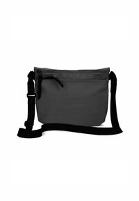 Borsa a tracolla grigia realizzata in tessuto resistente, con chiusura superiore a zip, tracolla nera regolabile e superficie liscia.