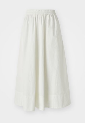 Weißer, knöchellanger Rock aus weichem Stoff mit elastischem Taillenbund. Verfügt über eine glatte Textur und ein ausgestelltes Design. Keine sichtbaren Muster.