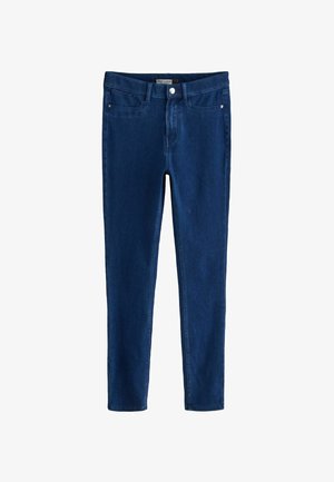 Sötétkék farmer skinny nadrág tiszta dizájnnal, öt zsebes stílusban, elöl gombos záródással és minimalista fém részletekkel.