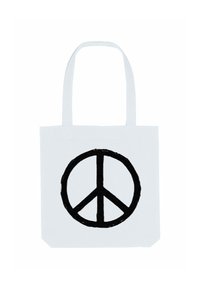 Borsa tote bianca con due spallacci, caratterizzata da un grande simbolo della pace nero stampato sul davanti. Il tessuto sembra resistente e durevole.