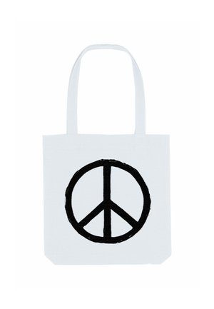 Borsa tote bianca con due spallacci, caratterizzata da un grande simbolo della pace nero stampato sul davanti. Il tessuto sembra resistente e durevole.