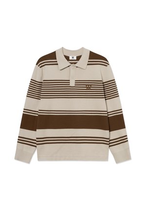 Polo à manches longues couleur crème avec des rayures horizontales marron. Doté d'un col à revers et d'un petit logo sur la poitrine.