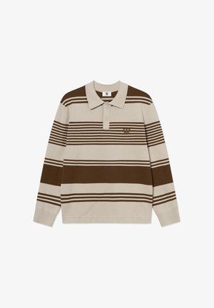 Langarm-Poloshirt in Creme mit waagerechten braunen Streifen. Verfügt über einen Kragen und ein kleines Logo auf der Brust.