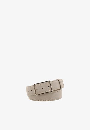 Light gray suede belt with metal rectangular buckle and stitched edging, rolled up against a white background.