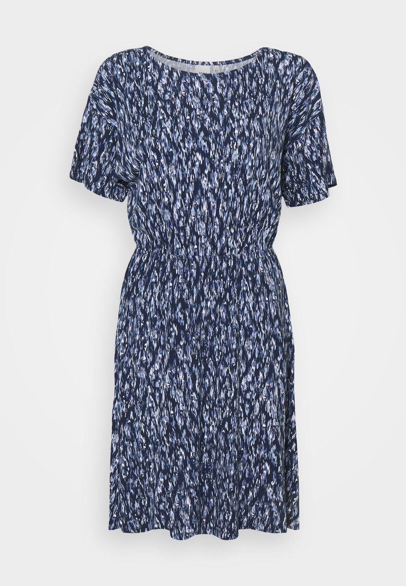 Robe bleu marine longueur genou avec motif abstrait blanc et bleu clair, manches courtes, encolure ronde et taille froncée.