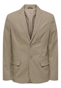 Blazer beige con solapa con muesca, dos botones, dos bolsillos frontales y un bolsillo en el pecho. Fabricado con un tejido texturizado y un forro interior suave.