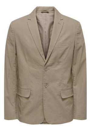 Beige kavaj med slag, två knappar, två framfickor och en bröstficka. Tillverkad av strukturerad tyg med en slät innerfoder.