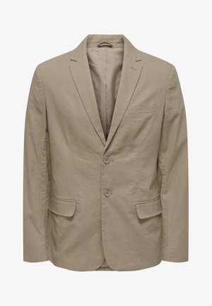 Bež blazer z odrezanim ovratnikom, dvema gumba, dvema sprednjima žepoma in enim žepom na prsih. Narejen je iz teksturiranega blaga z gladkim notranjim podlogom.