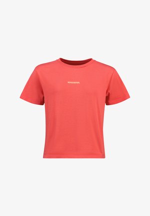 Punainen puuvillapaita, jossa on lyhyet hihat, pyöreä kaula-aukko ja pieni valkoinen "ROSSIGNOL" -logo edessä. Yksinkertainen ja koristelematon muotoilu.