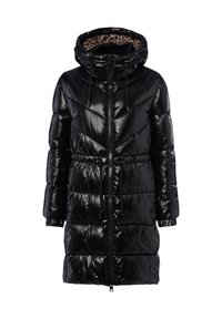 Schwarze Pufferjacke mit glänzender Oberfläche, Kapuze, Kordelzug in der Taille und einem Reißverschluss vorne. Innenausstattung mit Leopardenmuster.