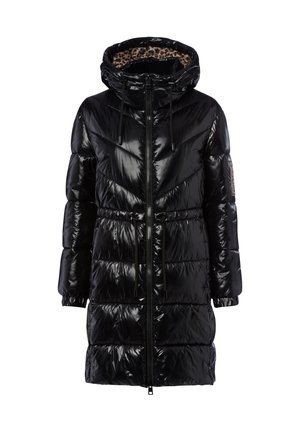 Schwarze Pufferjacke mit glänzender Oberfläche, Kapuze, Kordelzug in der Taille und einem Reißverschluss vorne. Innenausstattung mit Leopardenmuster.