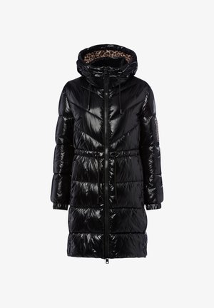 Schwarze Pufferjacke mit glänzender Oberfläche, Kapuze, Kordelzug in der Taille und einem Reißverschluss vorne. Innenausstattung mit Leopardenmuster.