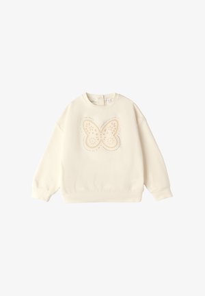 Sudadera de manga larga color crema con un gran diseño de mariposa y flores recortado con láser centrado en la parte delantera.