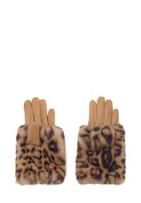 Gants en cuir avec un motif de fourrure de léopard sur le poignet, couleur fauve, présentant une texture lisse et un design à quatre doigts.