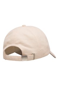 Beige baseball cap with a cotton texture, curved brim, adjustable metal buckle strap at the back, and a seam at the crown.