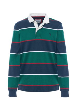 Polo a maniche lunghe con strisce orizzontali verde, navy e bianco, con dettagli rossi e colletto bianco. Logo ricamato sul petto.