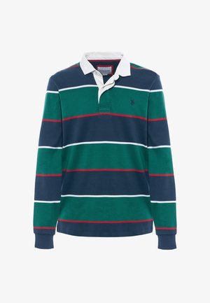 Polo a maniche lunghe con strisce orizzontali verde, navy e bianco, con dettagli rossi e colletto bianco. Logo ricamato sul petto.