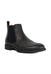 Black leather ankle boot with elastic side panels, rounded toe, and low block heel. Textured rubber sole for grip and durability.