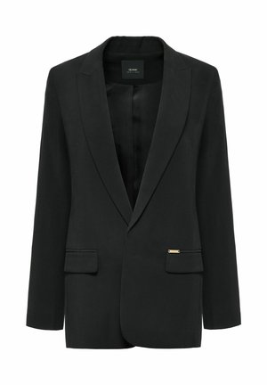 Czarna marynarka z klapami, zapinana na pojedynczy guzik, z dwoma przednimi kieszeniami i złotym akcentem. Gładki materiał o dopasowanym kroju.