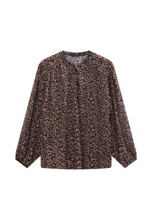 Leopard print blouse in lightweight fabric, featuring long sleeves, a round neckline, and pleated detailing. Color palette: shades of brown and black.