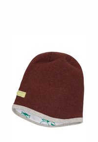 Beanie in felt marrone con bordo grigio. All'interno presenta un design stampato di animali. L'etichetta dice "orgoglioso". Morbido al tatto, di forma arrotondata.