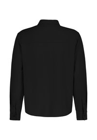 Schwarzes Langarmhemd mit klassischem Kragen, Knopfmanschetten und Rückenpasse. Strukturierter Stoff mit glatter Oberfläche.