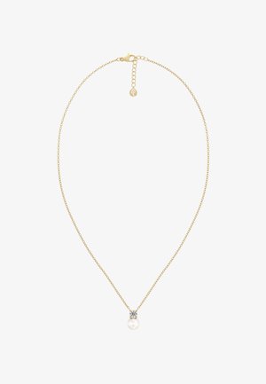 Zelta ķēde ar apaļu pērļu kulonu un mazu kristāla akcentu virs pērles. Delikāts dizains ar omāku sprādzi.