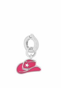 Ciondolo a forma di cappello da cowboy rosa con hardware in argento, caratterizzato da un dettaglio a stella bianca e finitura lucida. Adatto per gioielli o accessori.
