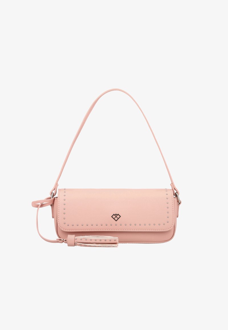 Rózsaszín műbőr válltáska sima felülettel, szegecsekkel díszített klappal és állítható pánttal. Gyémánt logós kiegészítővel rendelkezik.