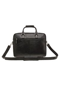 Zwarte leren aktetas met dubbele handgrepen, afneembare verstelbare schouderriem, voorvak en een gladde textuur. Voorzien van hardwareaccenten in zilverkleur.