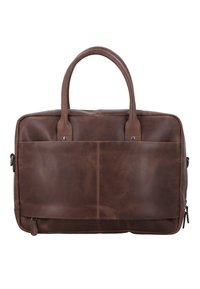 Brown leather laptop bag with dual handles, a front pocket, and a zipper closure. Features a smooth texture and minimal design accents.