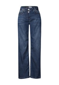 Mörkblå vida jeans i denim, med dubbelknäppning, fem fickor och lätt blekning på framsidan.