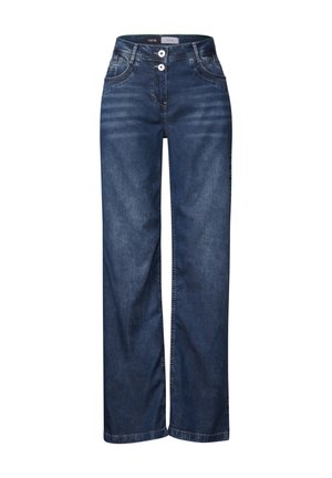 Donkerblauwe wijde jeans van denim, met een dubbele knoopsluiting, vijf zakken en een lichte vervaging aan de voorkant.