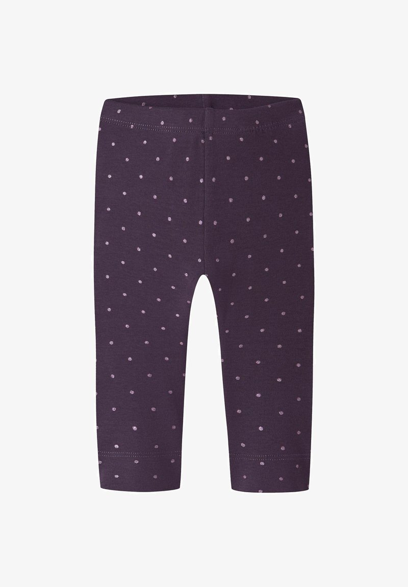 Leggings violets pour tout-petit avec de petits pois rose clair répartis de manière uniforme sur le tissu.
