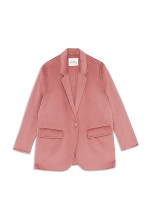 Blush roze blazer van zachte stof, met een geknipt kraag, een enkele knoopsluiting en twee voorkruiden. Gestructureerd, losvallend ontwerp.