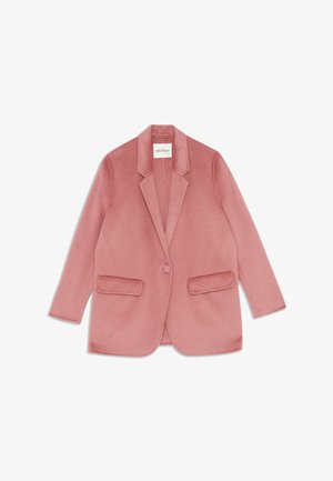 Blush roze blazer van zachte stof, met een geknipt kraag, een enkele knoopsluiting en twee voorkruiden. Gestructureerd, losvallend ontwerp.