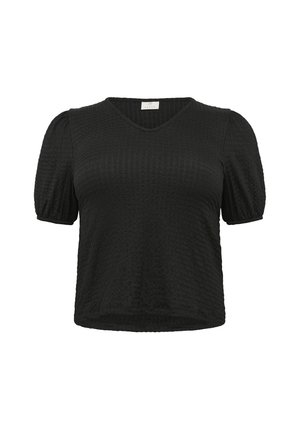 Top nero a maniche corte con scollatura a V e tessuto testurizzato. Maniche a sbuffo per un effetto voluminoso. Fit casual con un orlo leggermente cropped.