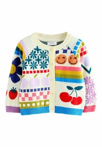 Colorful knitted cardigan in cream, featuring various patterns like flowers, fruits, and stripes; button front and ribbed cuffs.