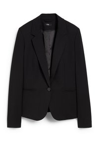 Blazer noir avec un seul bouton, revers à encoche, et deux poches frontales. Doublure noire texturée avec de petits points. Coupe ajustée, manches longues.