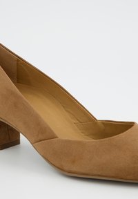 Chaussure à talon en daim marron avec bout pointu, talon bloc bas et doublure intérieure lisse. Design simple avec une texture douce.