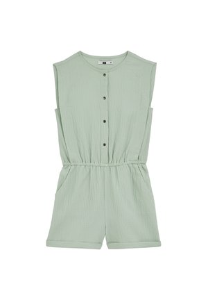 Ærmeløs, salviegrøn romper med rund halsudskæring, knaplukning foran, elastisk talje, sidelommer og opkrogede shorts.