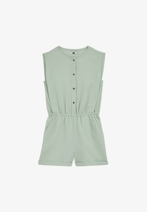 Combinaison courte sans manches de couleur vert sauge avec un col rond, une fermeture à boutons sur le devant, une taille élastiquée, des poches latérales et un ourlet roulé aux shorts.