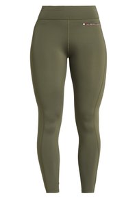 Olive zielone legginsy sportowe do kostek z wysokim stanem i małym logo Tommy Sport na górnym lewym biodrze.
