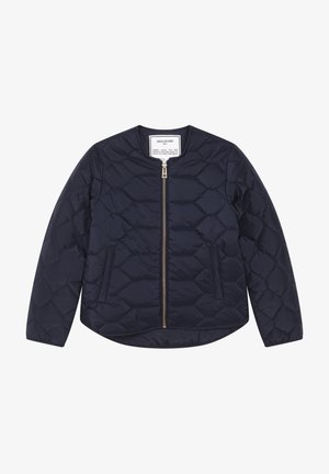 Granatowa pikowana kurtka z przednim zamkiem błyskawicznym, dwoma bocznymi kieszeniami, okrągłym dekoltem i metką wewnątrz kołnierza.