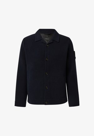 Marineblauer Jacke aus Wollmischung mit Kragen, Knopfverschluss und zwei Seitentaschen. Mit einem Abzeichen auf dem linken Ärmel.