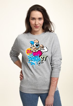 Felpa grigia con una grafica da cartone animato che presenta un grande personaggio e testo in stile graffiti. Maniche e fondo con lavorazione a coste, tessuto morbido.