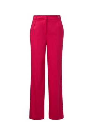 High-waisted, wide-leg trousers in bright pink fabric with front pleats, side pockets, and a small metal logo accent on the waistband.