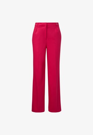 High-waisted, wide-leg trousers in bright pink fabric with front pleats, side pockets, and a small metal logo accent on the waistband.